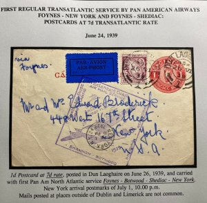 1939 Dún Laoghaire Ireland First Flight Airmail Postcard Cover To New York USA