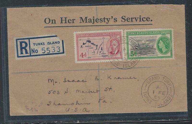 TURKS AND CAICOS (P0912B) KGVI D MAP+ QEII 5D BOAD REG 1955 COVER TO USA