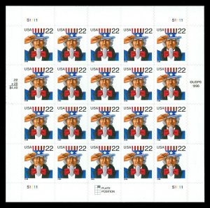 Scott 3259b 22c Uncle Sam Pane of 20 Die Variety Cat $22.50 (Face $4.40)