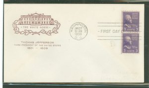 US 851 1939 3c Jefferson (presidential/prexy series) coil pair on an unaddressed first day cover with a House of Farnum cachet.
