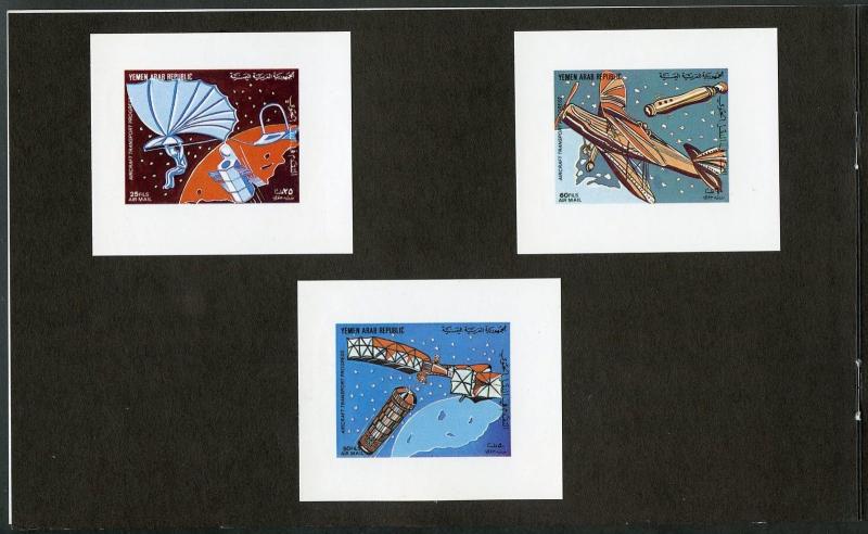 YEMEN ARAB REPUBLIC UEBERREUTE PROOF  FOLDER OF 6 PLANES SATELLITES STAMPS