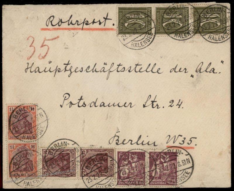 Germany 1922 Berlin Hallensee Inflation Rohrpost Pneumatic Cover 82336