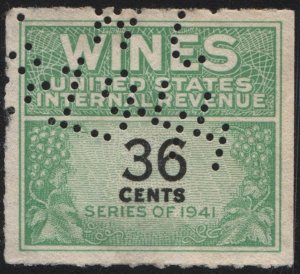 RE135 36¢ Wine Revenue Stamp (1942) Perfin