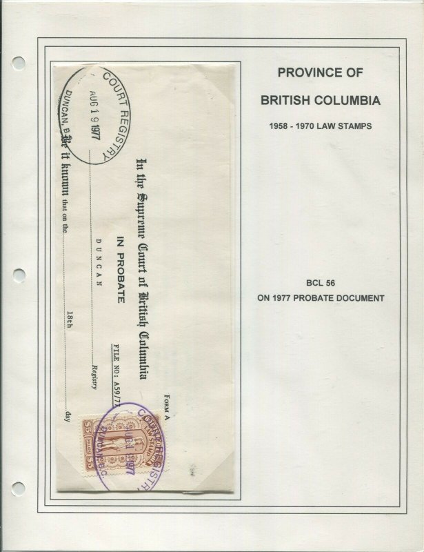 CANADA REVENUE BCL56 USED BRITISH COLUMBIA LAW STAMP DOCUMENT