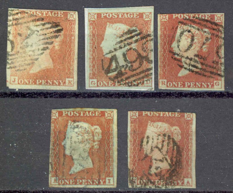 Great Britain Sc# 3 SG# 8 Used Lot/5 1841 1p red brown Queen Victoria