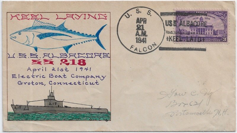 1942 USS Albacore SS-218 Keel Laid, p/m on USS Falcon Gow Ng Cachet (N8290)