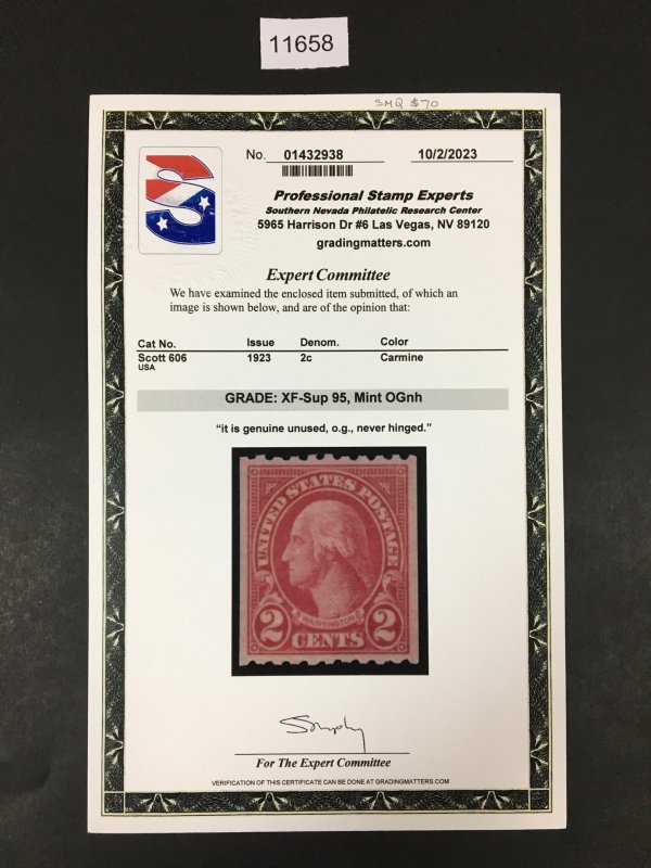 US STAMPS # 606 MINT OG NH ** PSE GRADED XF-SUP 95 CERT** SMQ $70  LOT #11658
