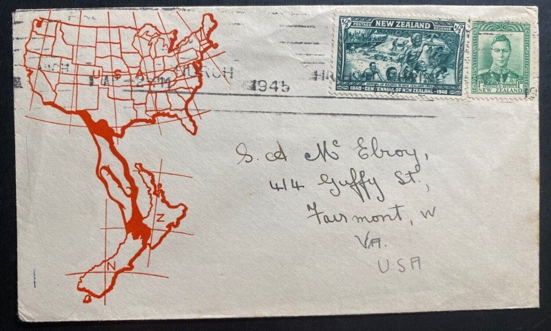 1945 Christchurch New Zealand cover To Fair-mouth VA USA Map Cachet