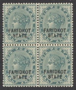 India Faridkot Sc# 4 MNH block/4 1887-1893 1/2a overprint Queen Victoria