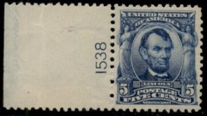 US #304, 5¢ Lincoln blue, Plate No. Single, og, NH, XF