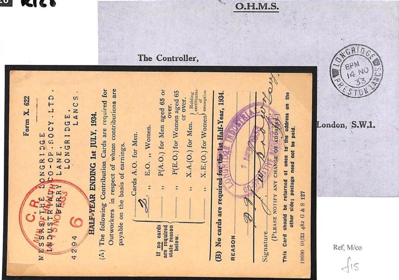 K128 GB LANCS 1933 Official *LONGRIDGE INDUSTRIAL CO-OP* Cachet OHMS Card