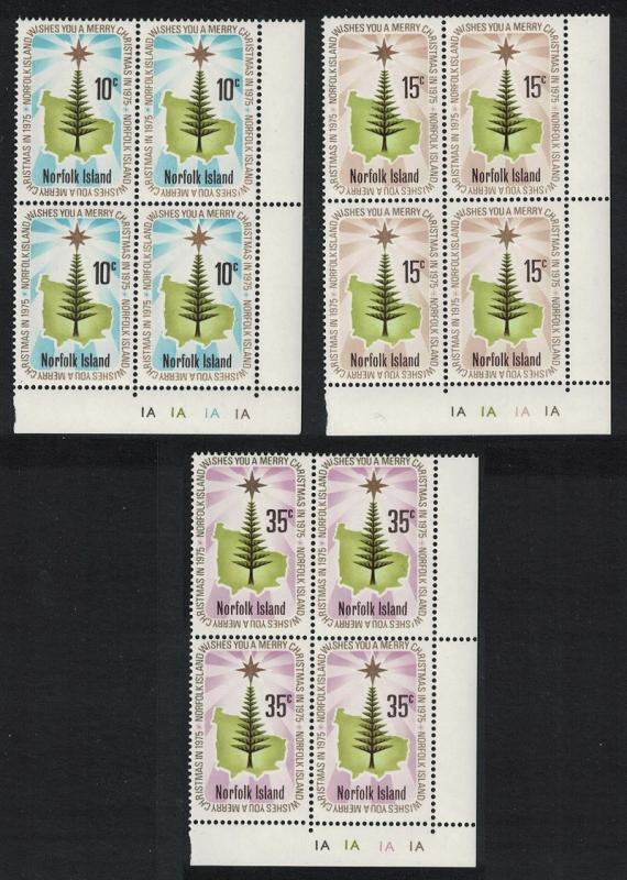 Norfolk Pine Tree Christmas 3v issue 1975 Bottom Right Corner Blocks of 4