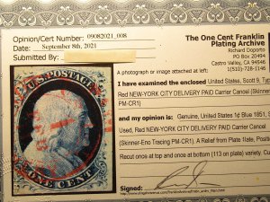 US STAMPS, Scott #9, RED NY City Deliver PAID Carrier Cancel, USED 1851, SCV$215
