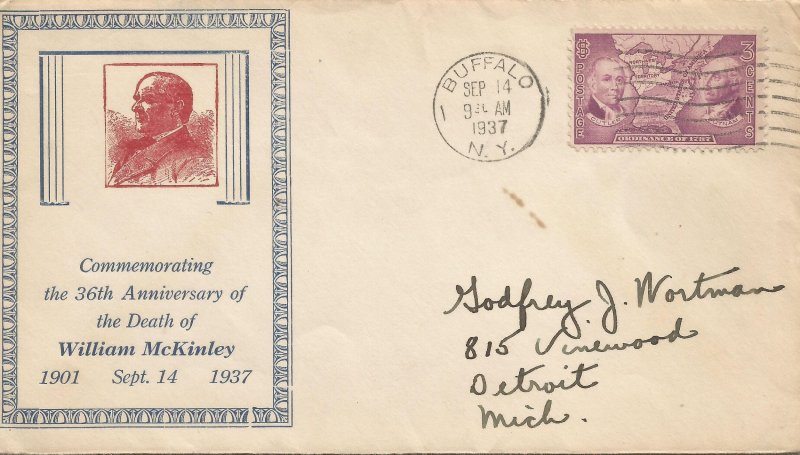 McKinley death anniver Buffalo, NY 9-14-37 machine cancel Butzan cachet !#3