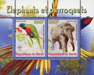 Benin Elephant and Parrot Wild Animal Bird Loxodonta Souvenir Sheet of 2 Stamps 