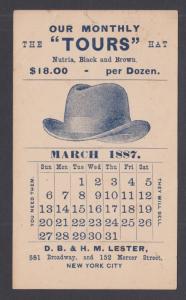 US Sc UX9 1887 Advertising Postal Card, the TOURS men's hats, Lester Bros, NYC