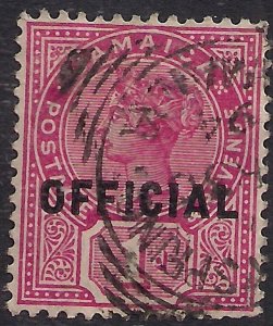 Jamaica 1890 - 91 QV 1d Rose Official Ovpt used SG O4 ( J573 )