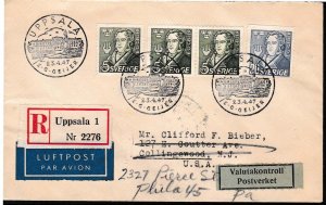 Sweden 1947 Registered Forwarded Cover Uppsala to Phil. Geijer Scott 383-385