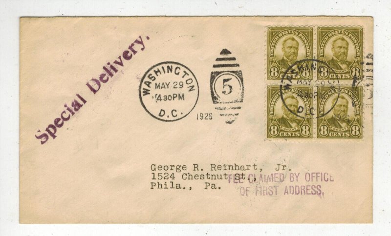 1925 EARLY USA FDC #589 ULYSSES S GRANT BLOCK OF 4 SPECIAL DELIVERY CV $125