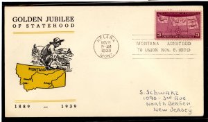 US 858 1939 Montana/50th anniv of statehood on an addressed FDC with a Helena, MT cancel and a Linprint cachet