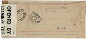 Curacao 1943 registered, airmail cover to England, Condemmed/Released marking