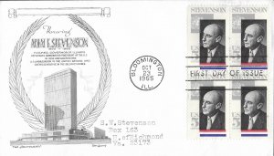 1965 FDC, #1275, 5c Adlai Stevenson, Aristocrats-Lowry, block of 4