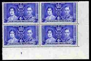 Bechuanaland 1937 KG6 Coronation 3d corner plate block of...