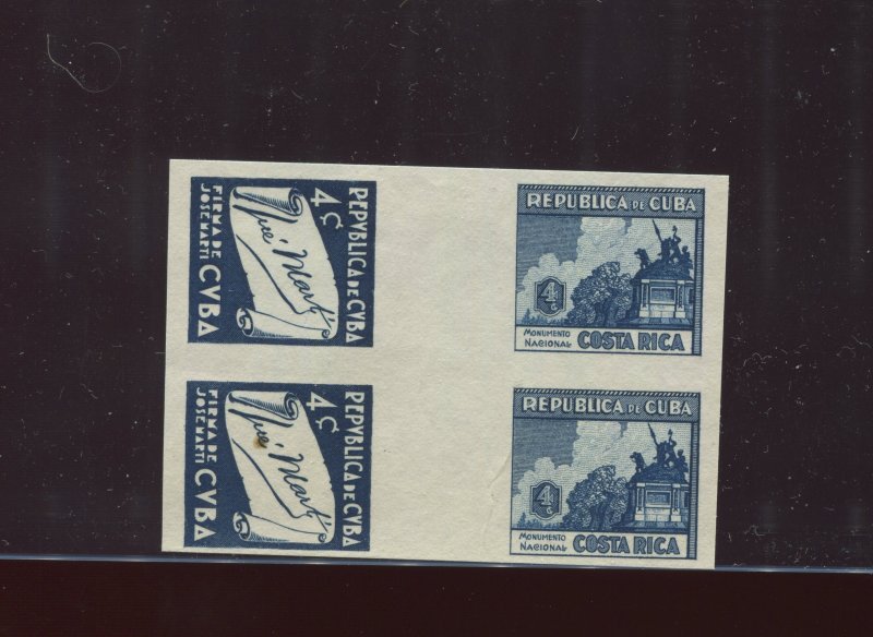 1937 4c Costa Rica and Cuba Imperf Blue Plate Proof Se-Tenant Gutter BLOCK