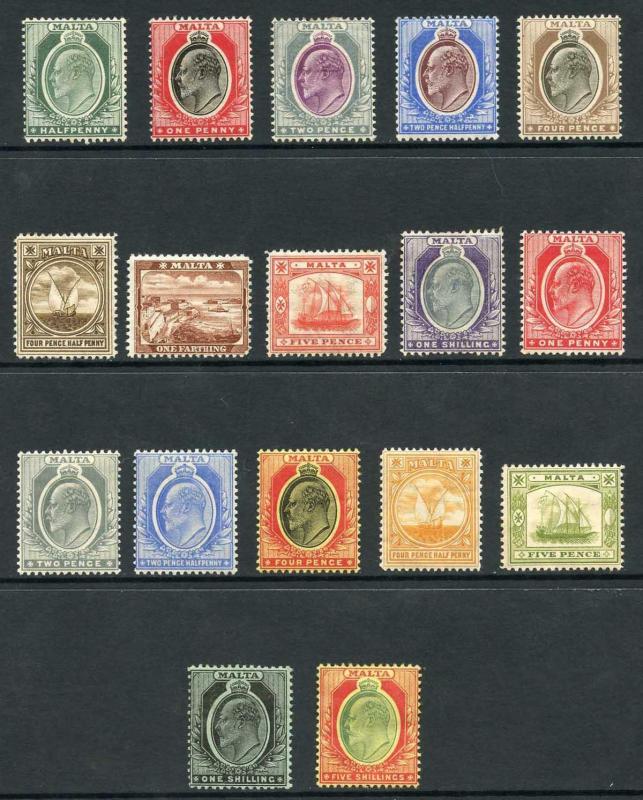 Malta SG45/63 1904-17 KEVII Set of 17 Wmk Crown CA M/M