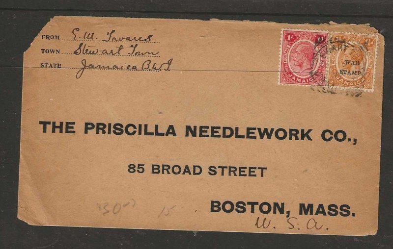 JAMAICA  COVER WAR TAX 1 1/2D+ 1D  1917    COVER   TO  USA  VFU P0919A  H