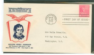 US 814 1938 9c William Harrison (presidential/prexy series) solo on an addressed first day cover with a Fidelity cachet.