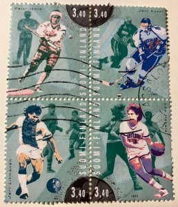 Finland #957 used block of 4 from souvenir sheet, XF centering, CDS.