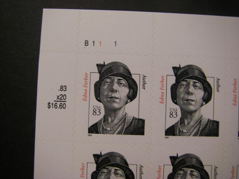 Scott 3433, 83c Edna Ferber, Pane of 20, Distinguished Americans, MNH Beauty