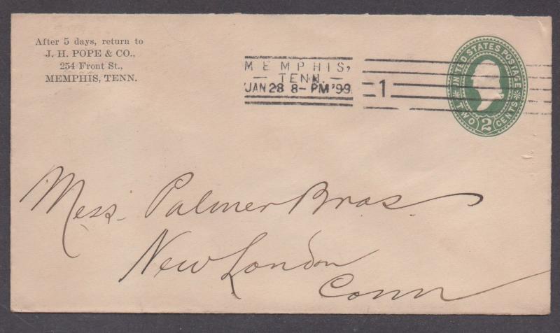 **US 19th Century P/S Cover, F-2 Machine Cancel, Memphis, TN 1/28/1899