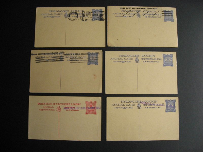 India, Travancore - Cochin 6 pieces of mint postal stationery