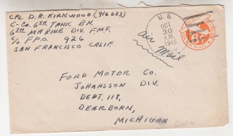 APO 926, 1945 6c. Airmail Envelope to Ford Motor Co., Dearborn, MI.