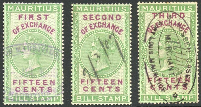 Mauritius BF36 15c Green and Maroon Bill of Exchange Stamps Set of 3 