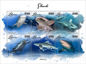 LIBERIA- 2023 - Sharks - Perf 6v Sheet - Mint Never Hinged