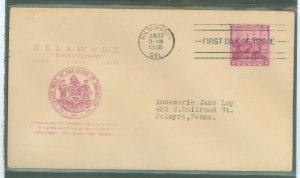 US 836 1938 3c Delaware (Swedes & Finns) addressed (typed) FDC with a Bronesky cachet