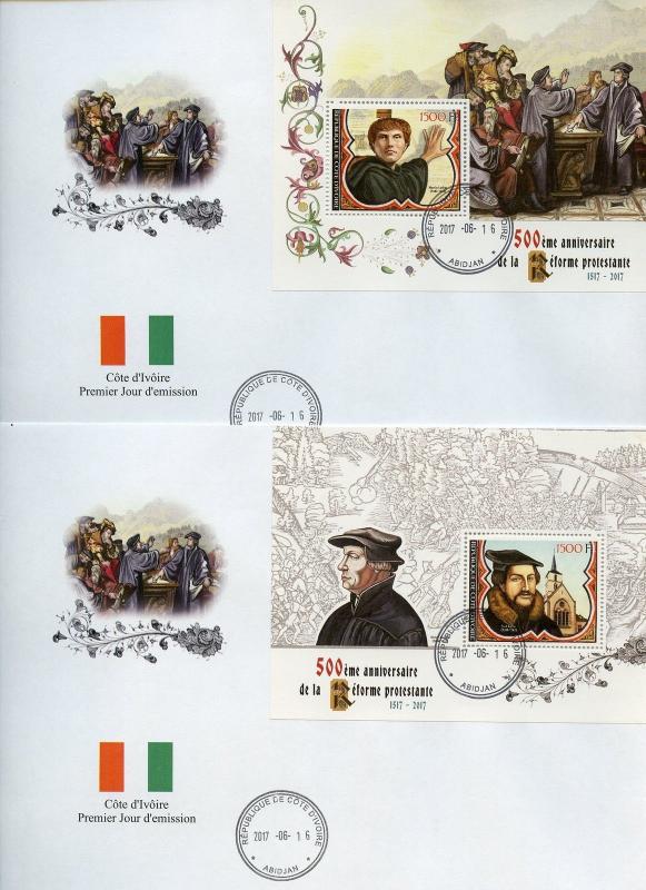 IVORY COAST 2017 500th ANNIVERSARY OF THE REFORMATION   SET OF TWO S/S  FDCs