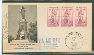 US 777 1936 Rhode Island Tercentenary (Roger Williams) strip of 3 on an addressed first day cover with the Providence PM autogra