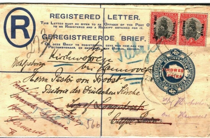 SOUTH WEST AFRICA Cover Registered Cape Town Forwarded GERMANY Berlin 1927 SA42 