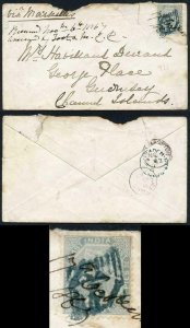 Aden SG Z39 1867 India 1866-78 6a8p slate with type K1 124 in BLUE on Cover