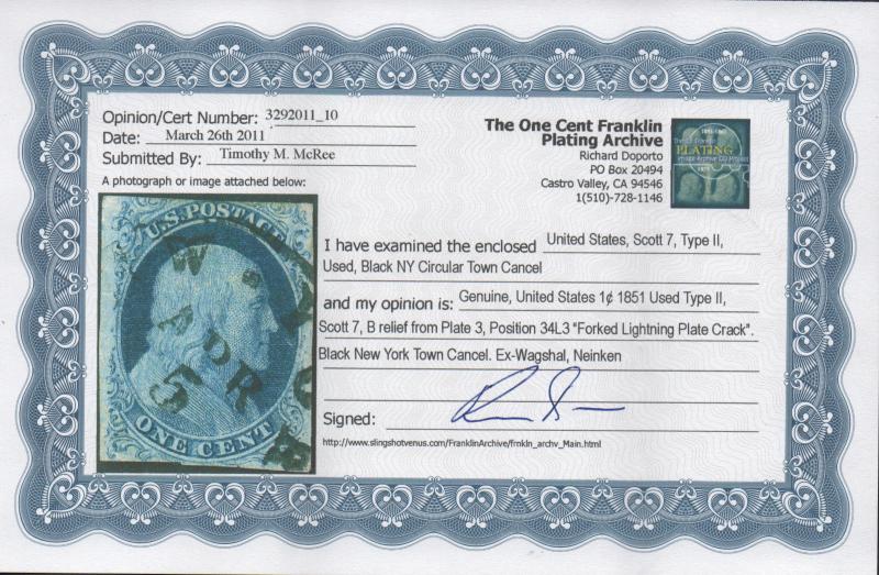 $US Sc#7 RARE, used, F-VF, Doporto Certs, sm. faults, Cv. $2400++