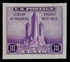 1933 3c Chicago, Imperforate Single Stamp issued without gum Scott 731a Mint NH