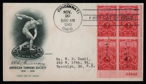 #979 3c American Turners-Plate Block, Artmaster [1] FDC **ANY 5=FREE SHIPPING**