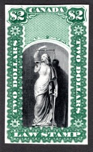 OL12, QL11, van Dam $2, green & Black, Plate Proof, no overprint, Canada Law Sta