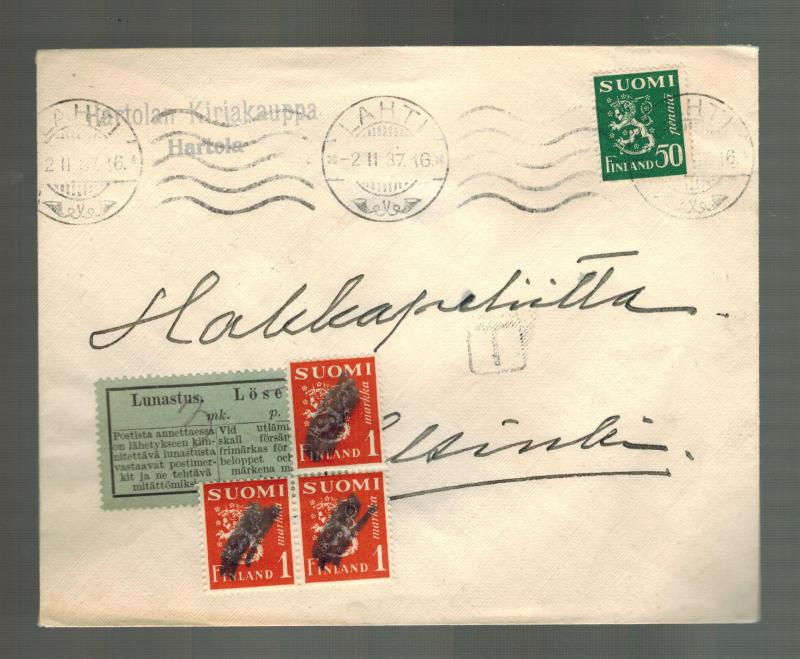 1937 Lahti Finland Cover to Helsinki Losen