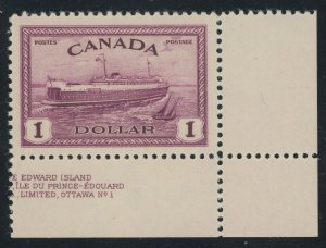 Canada 273 - 1 Dollar Peace Issue - VF Mint never hinged plate # single