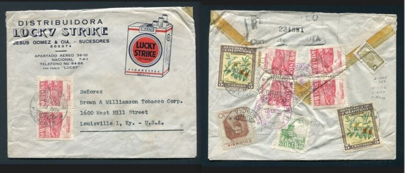 1948 Registered Lucky Strike Cigarettes - Bogota, Colombia to Louisville,  KY USA